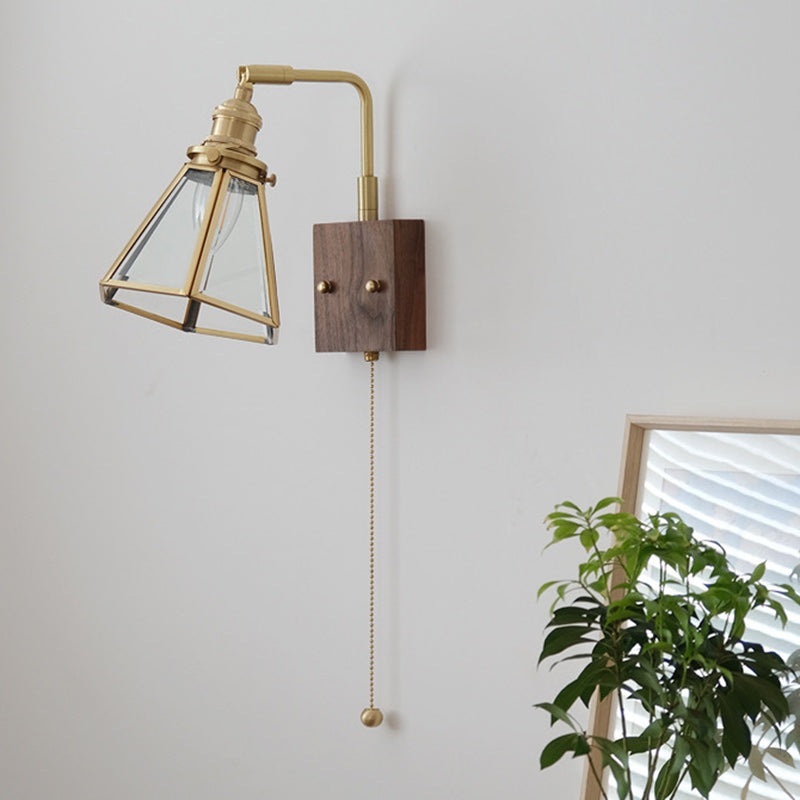 Traditional Japanese Horn Trapezoidal Prism Copper Glass 1-Light Wall Sconce Lamp For Bedroom