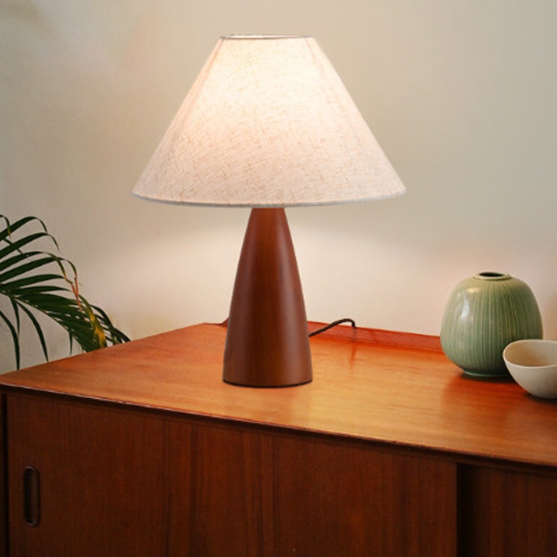 Traditional Japanese Printed Fabric Conical Shade Solid Wood 1-Light Table Lamp For Bedroom
