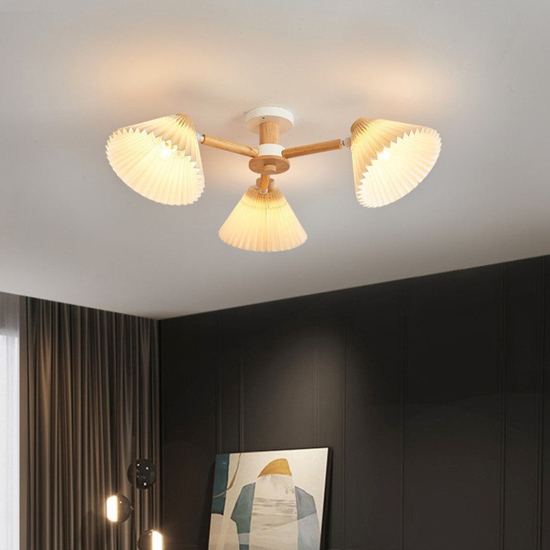 Traditional Japanese Scalloped Pleats Branch Round PP Wood Hardware 3/6 Light Chandelier For Living Room