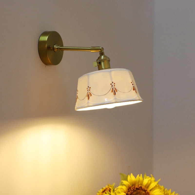 Traditional Japanese Trapezoid Round Copper Ceramic 1-Light Wall Sconce Lamp For Bedroom