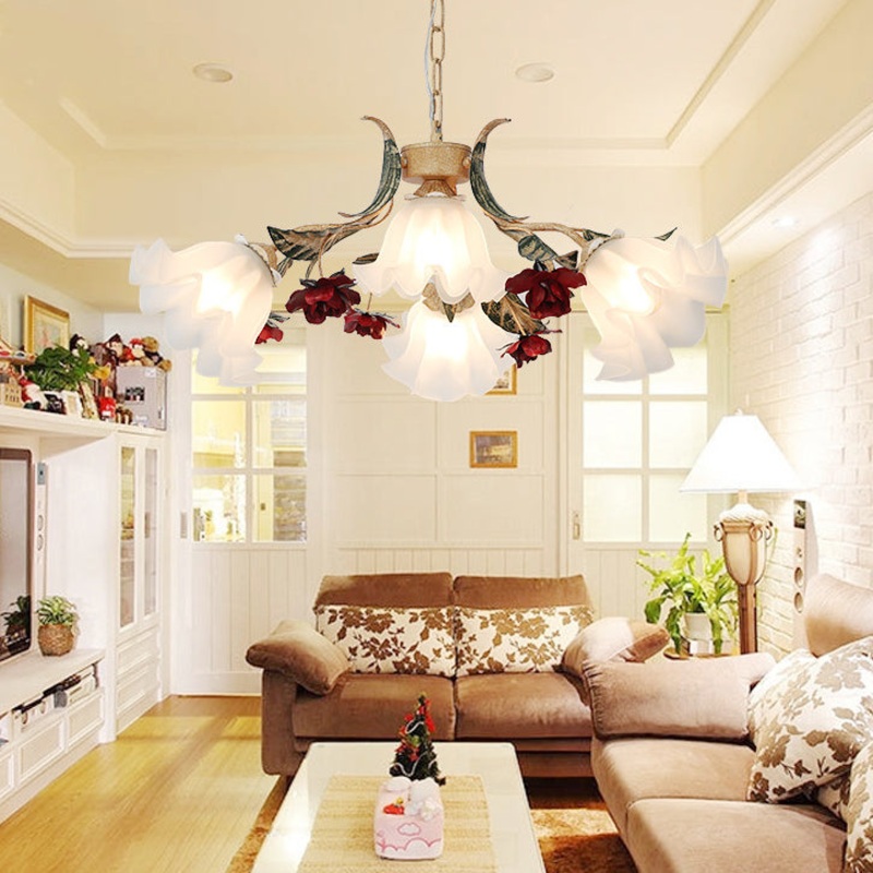 Traditional Rustic Floral Leaf Iron Glass 4/6/9 Light Chandelier For Living Room