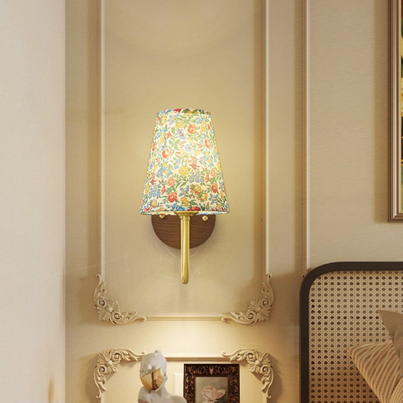 Traditional Vintage Copper Solid Wood Fabric Round Shade 1-Light Wall Sconce Lamp For Living Room