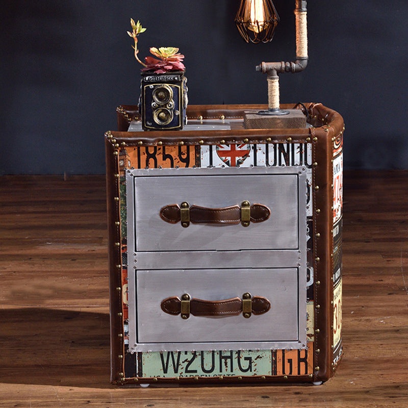 Traditional Vintage Wood Leather Cubic Book-Shape Side Table 2-Drawer For Living Room