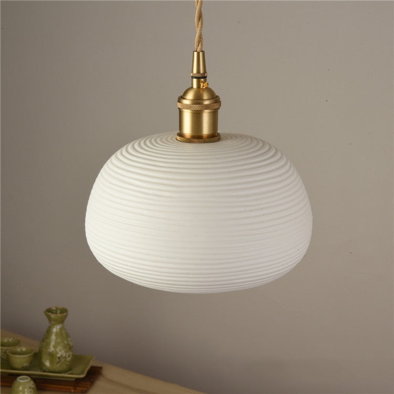 Contemporary Nordic Irregular Cylinder Stripe Ceramic Copper 1-Light Pendant Light For Living Room
