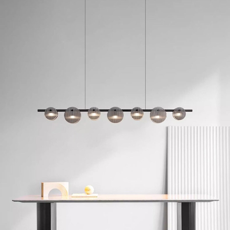 Modern Minimalist Stainless Steel Vertical Grain Glass Disc LED Island Light Chandelier For Entertainment Room