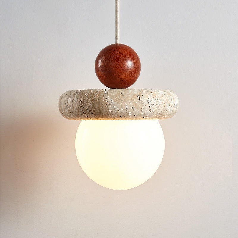 Traditional Japanese Wabi Sabi Solid Wood Travertine Round 1-Light Pendant Light For Living Room