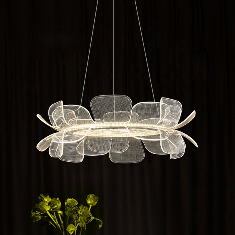 Modern Minimalist Round Flower Clear Metal Acrylic LED Island Light Chandelier For Dining Room