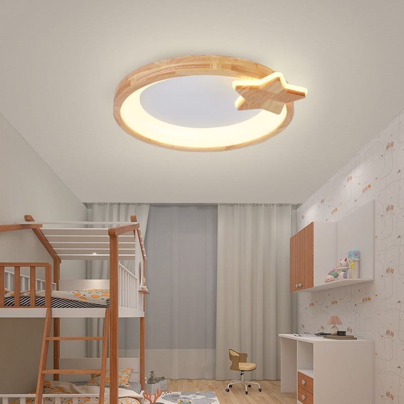 Modern Minimalist Round Star Wood Grain Acrylic LED Flush Mount Ceiling Light For Bedroom