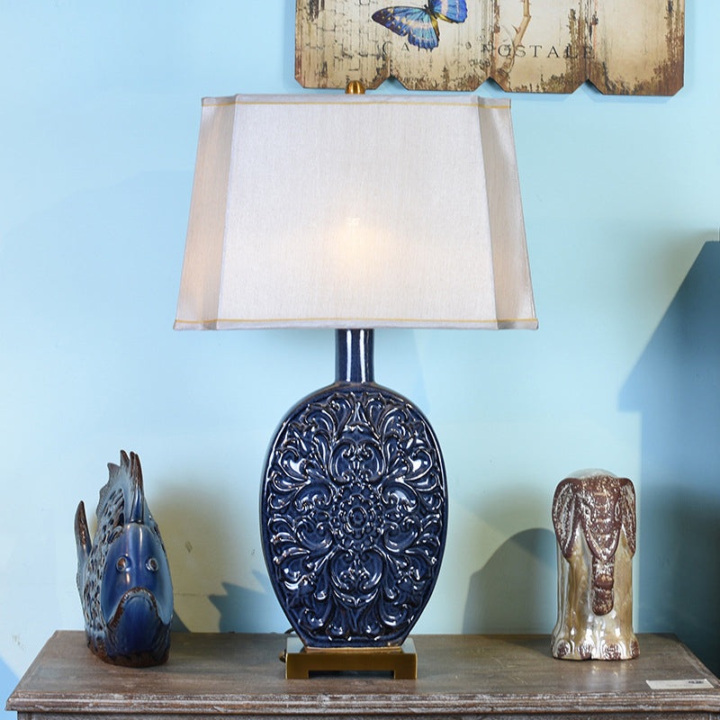 Traditional Chinese Oval Ceramic Fabric Lampshade Copper Base 1-Light Table Lamp For Living Room