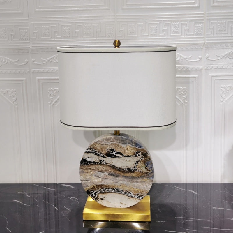 Traditional Chinese Round Rectangular Marble Fabric Metal Base 1-Light Table Lamp For Living Room