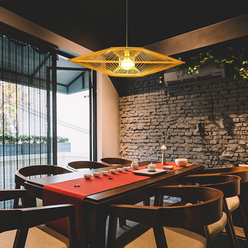 Traditional Vintage Woven Tatami Round Rattan Bamboo 1-Light Pendant Light For Living Room