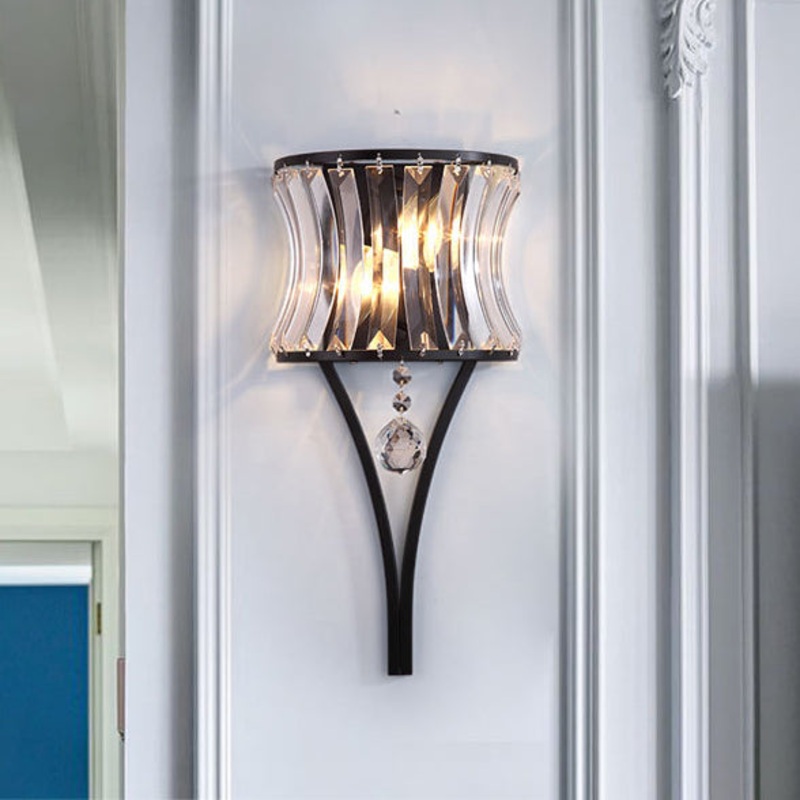 Contemporary Luxury Dazzling Curved Crystal Sheet Shade Hardware 2-Light Wall Sconce Lamp For Living Room