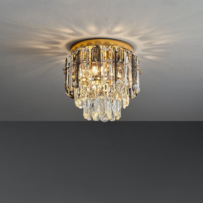Modern Luxury Art Deco Round Crystal Gold 3-Light Flush Mount Ceiling Light For Hallway