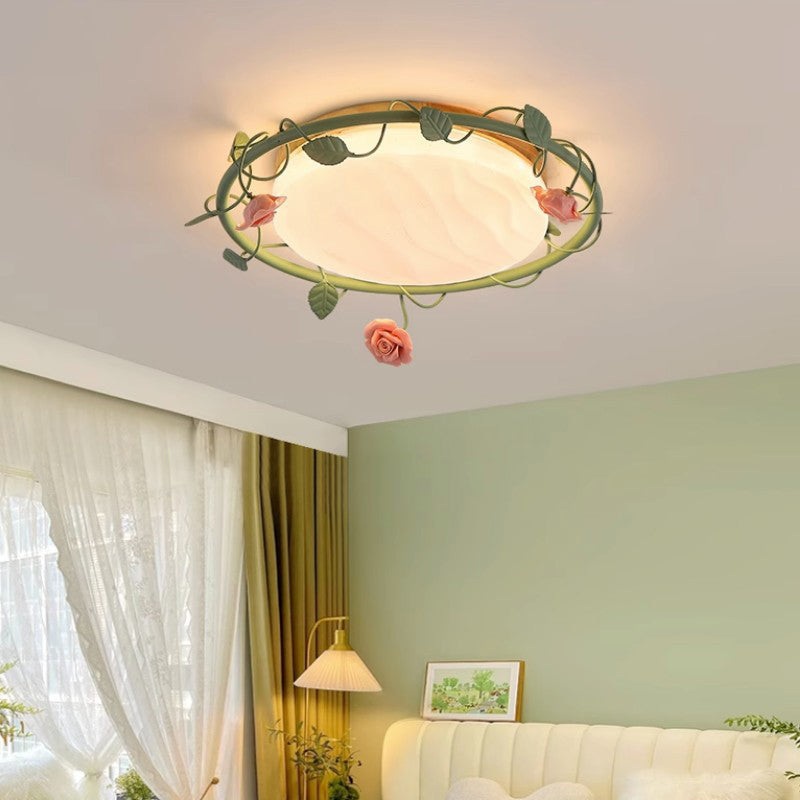 Contemporary Creative Round Square Rose Leaf Iron Rubberwood Acrylic LED Flush Mount Ceiling Light For Bedroom