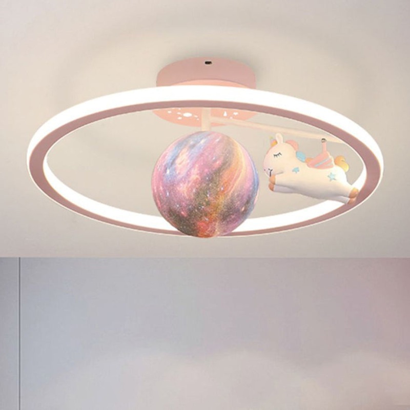 Contemporary Creative Kids Round Planet Unicorn Iron Resin LED Semi-Flush Mount Ceiling Light For Bedroom