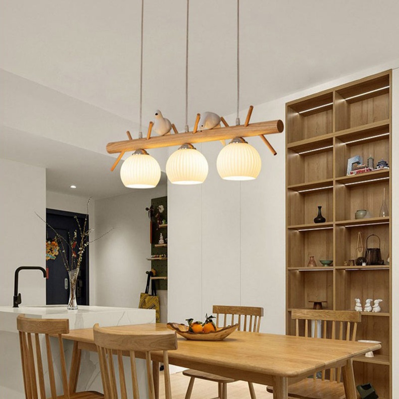 Traditional Japanese Wood Strip Glass Round Shade 3-Light Chandelier Island Light For Living Room
