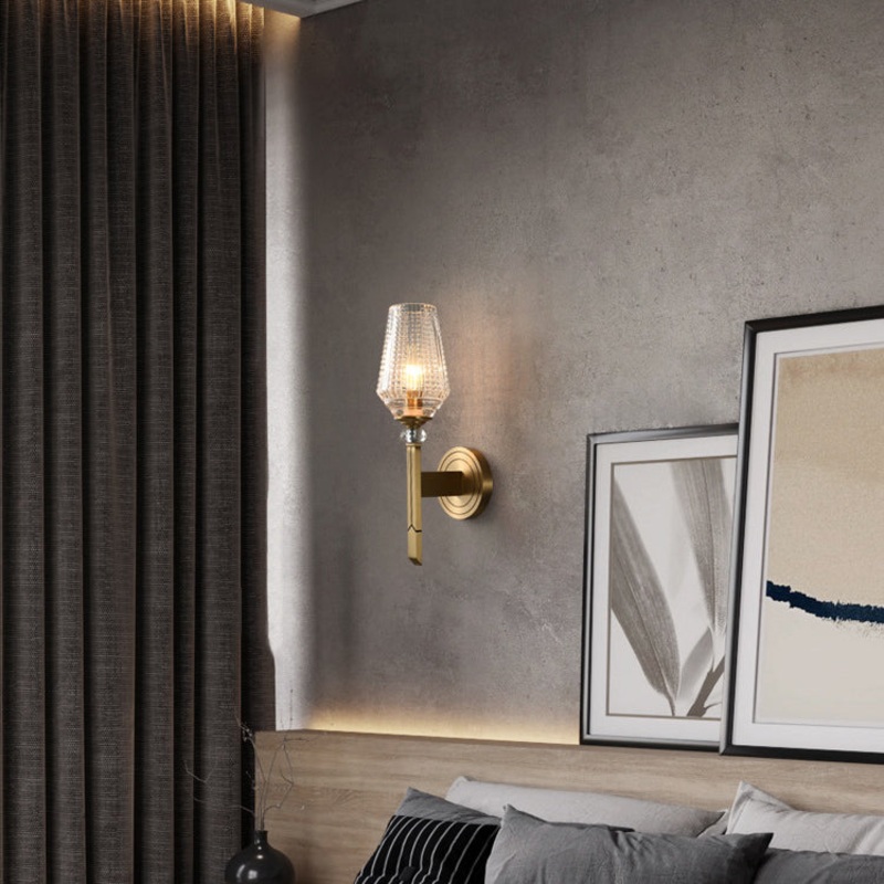 Contemporary Nordic Cylinder Cup Shape Full Brass Frame Glass Shade 1-Light Wall Sconce Lamp For Living Room