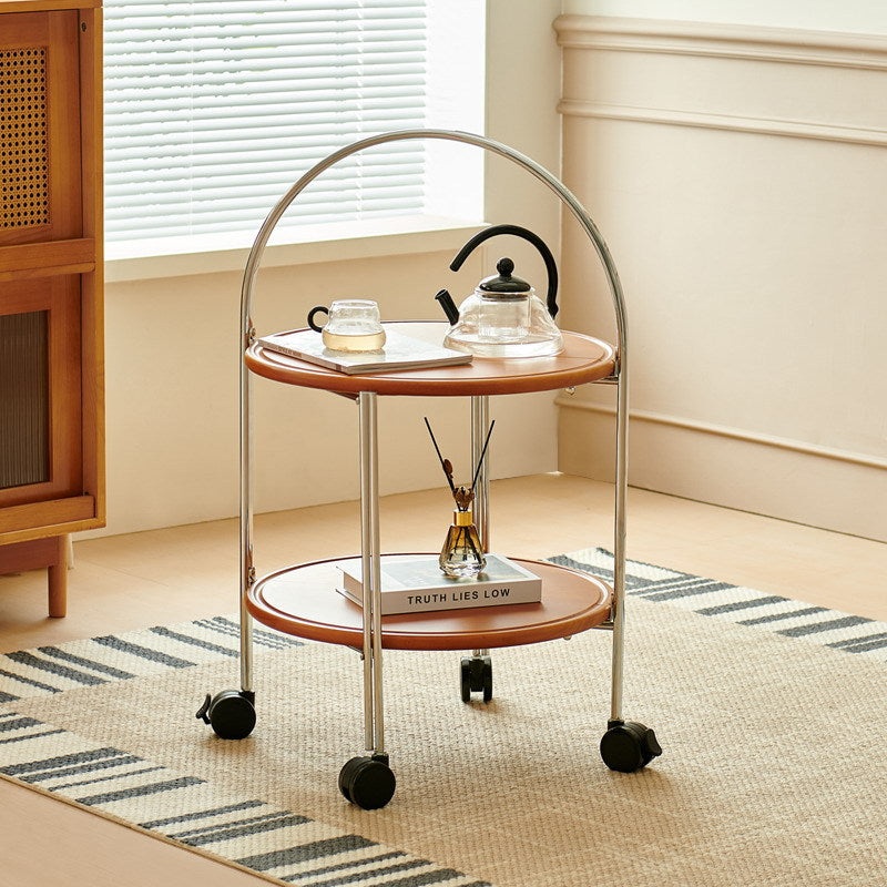 Contemporary Retro Removable Foldable Round Solid Wood Stainless Steel Frame End Table 2-Tier For Living Room