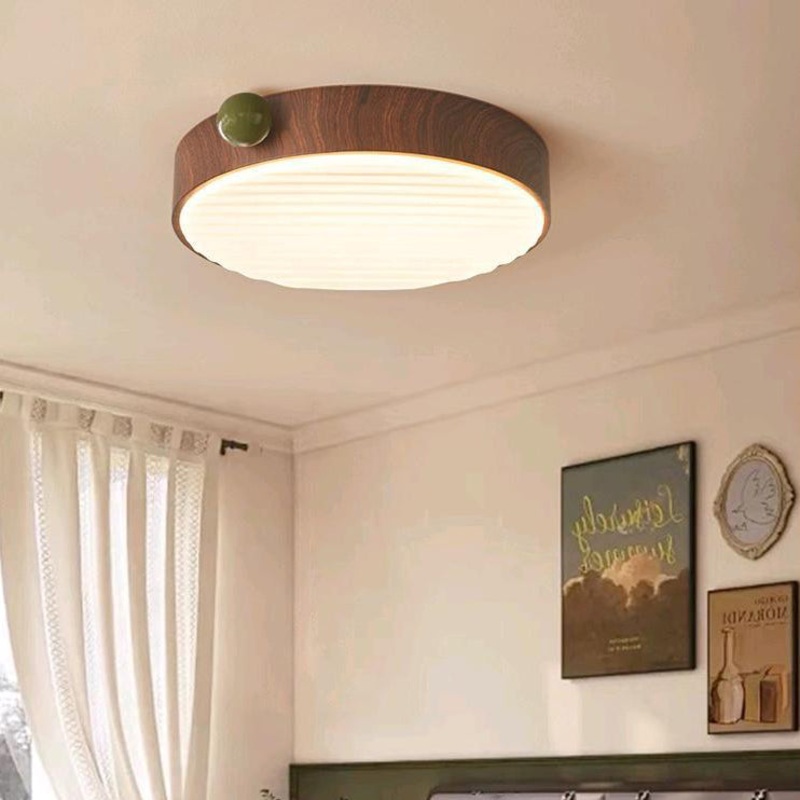 Contemporary Retro Round Iron Walnut Grain Chips Acrylic Shade LED Flush Mount Ceiling Light For Bedroom