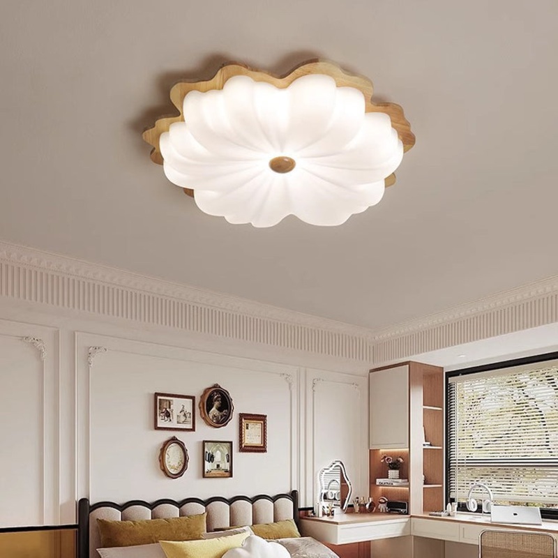 Contemporary Retro Solid Wood Flower PE Shade LED Flush Mount Ceiling Light For Bedroom