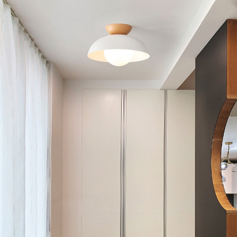 Modern Minimalist Round Bowl Wood Iron 1-Light Semi-Flush Mount Ceiling Light For Bedroom
