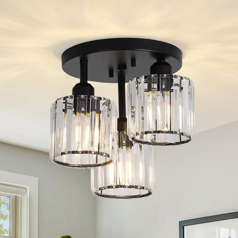 Modern Minimalist Round Iron Crystal Shade 3-Light Flush Mount Ceiling Light For Living Room