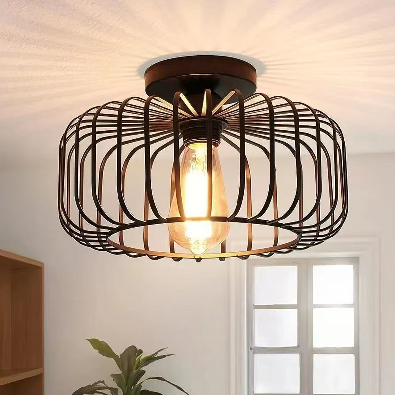 Modern Minimalist Round Line Cage Iron 1-Light Semi-Flush Mount Ceiling Light For Living Room