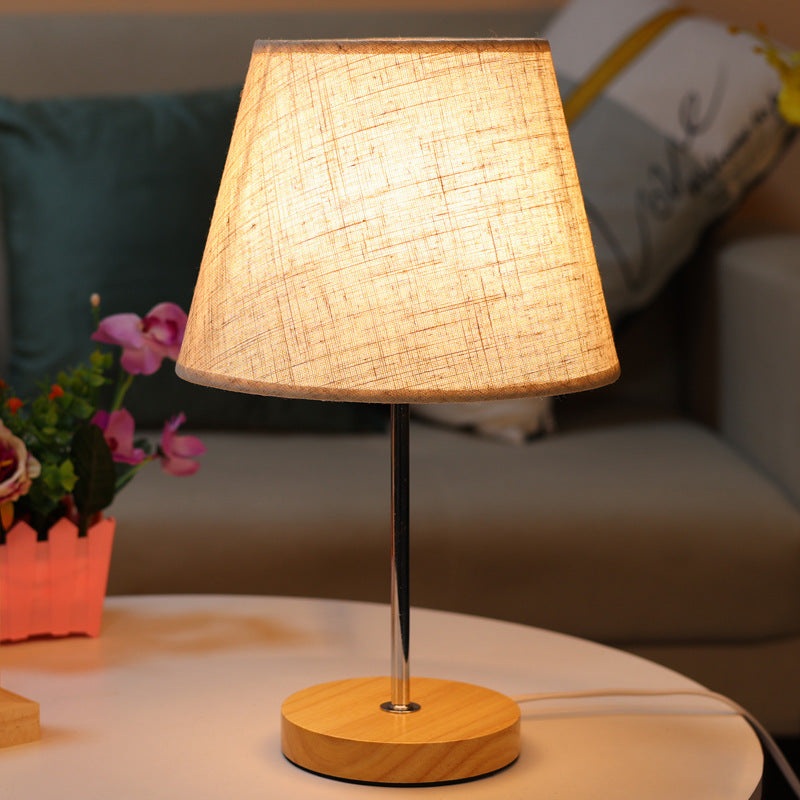 Modern Simplicity Fabric Round Shade Solid Wood 1-Light Table Lamp For Bedroom