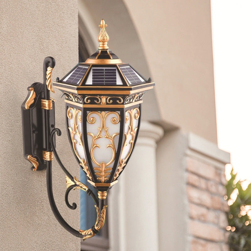 Traditional European Solar Waterproof Aluminum Glass Lantern Flower Mansion Pattern 1-Light LED Wall Sconce Lamp For Outdoor Patio