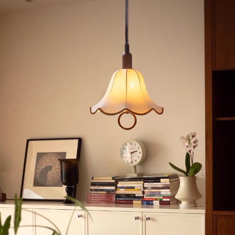 Traditional French Petal Shape Fabric Lampshade Hardware Wood  1 - Light Pendant Light For Dining Room
