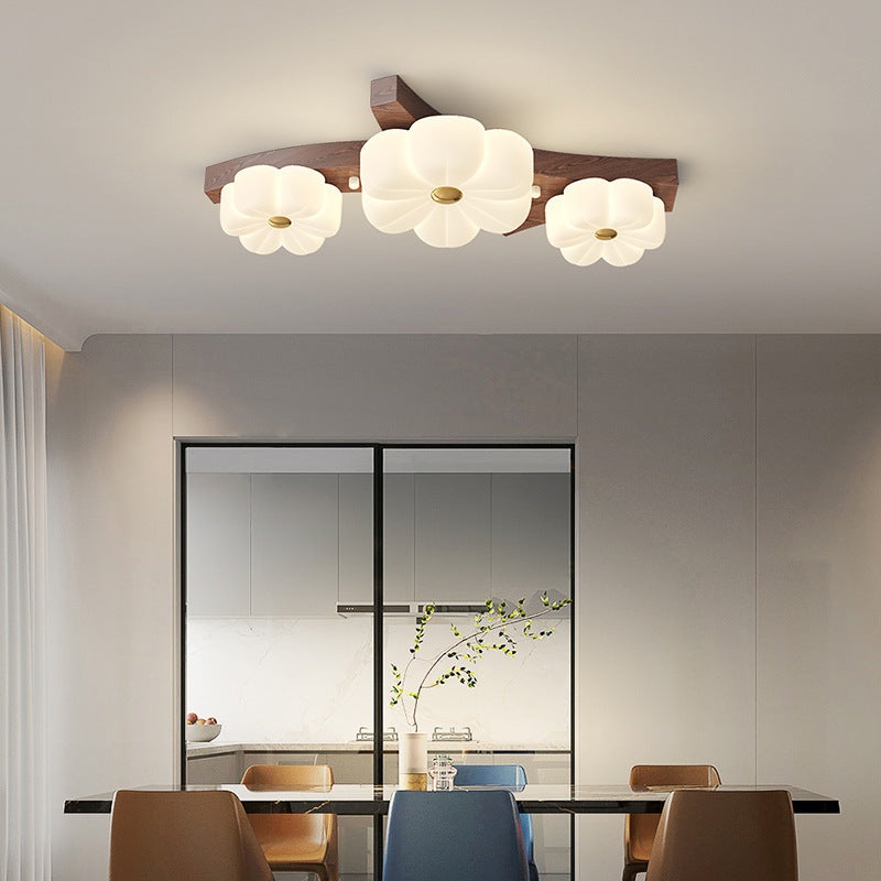 Traditional French Solid Wood Frame Flower PE LED Flush Mount Ceiling Light For Living Room
