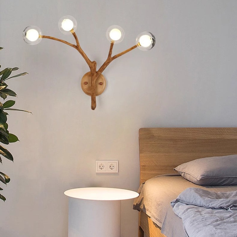 Traditional Japanese Branches Polymer Glass Lampshade 4 - Light Wall Sconce Lamp For Bedroom