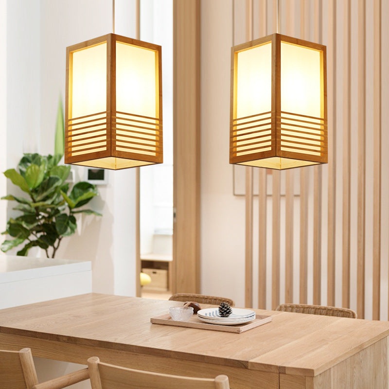 Traditional Japanese Rectangular Hand-Woven Nan Bamboo 1-Light Pendant Light For Living Room