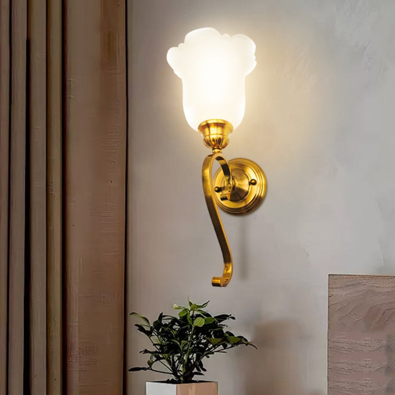 Traditional Vintage Curved Pole Flower Glass Shade Iron 1-Light Wall Sconce Lamp For Living Room