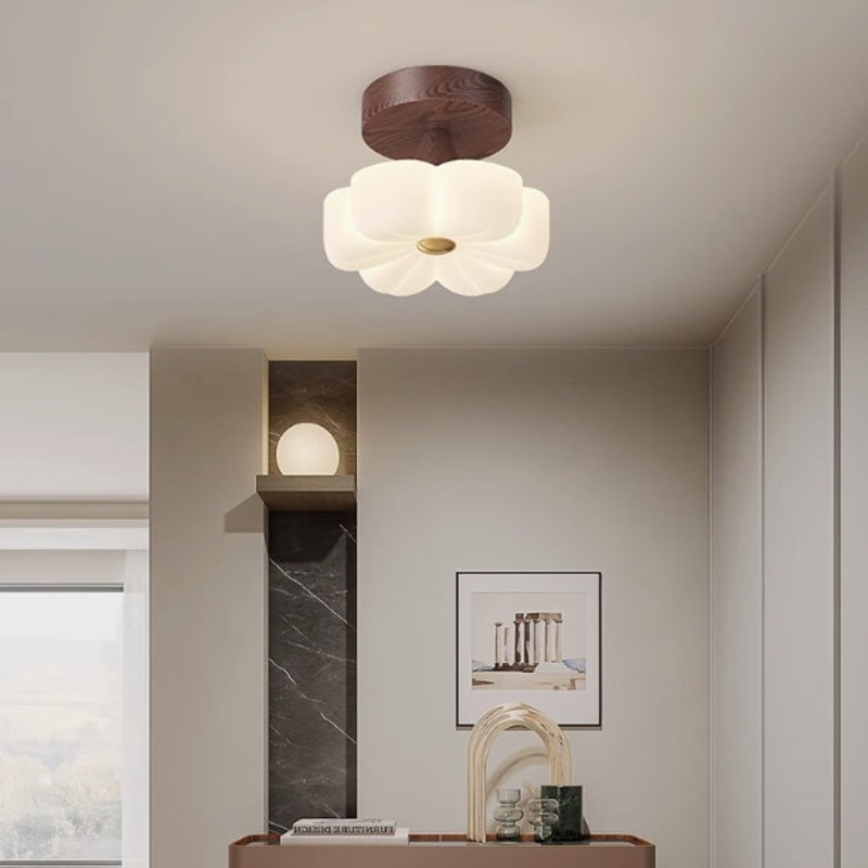 Traditional Vintage Solid Wood Flower PE Shade LED Semi-Flush Mount Ceiling Light For Living Room