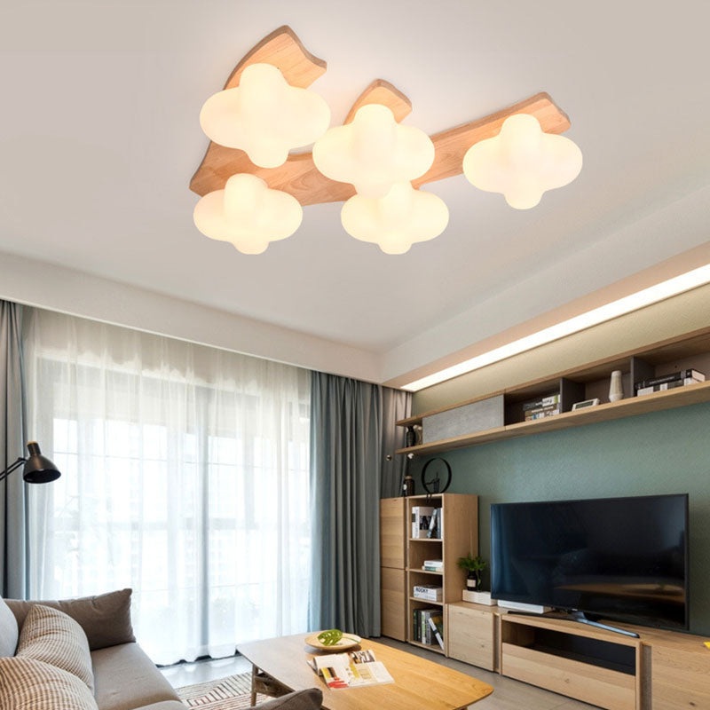 Contemporary Creative Cotton Solid Wood Glass LED Semi-Flush Mount Ceiling Light For Living Room