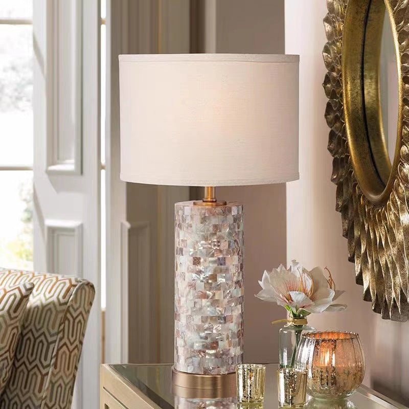 Contemporary Creative Shell Patch Fabric Iron Cylinder 1-Light Table Lamp For Bedside