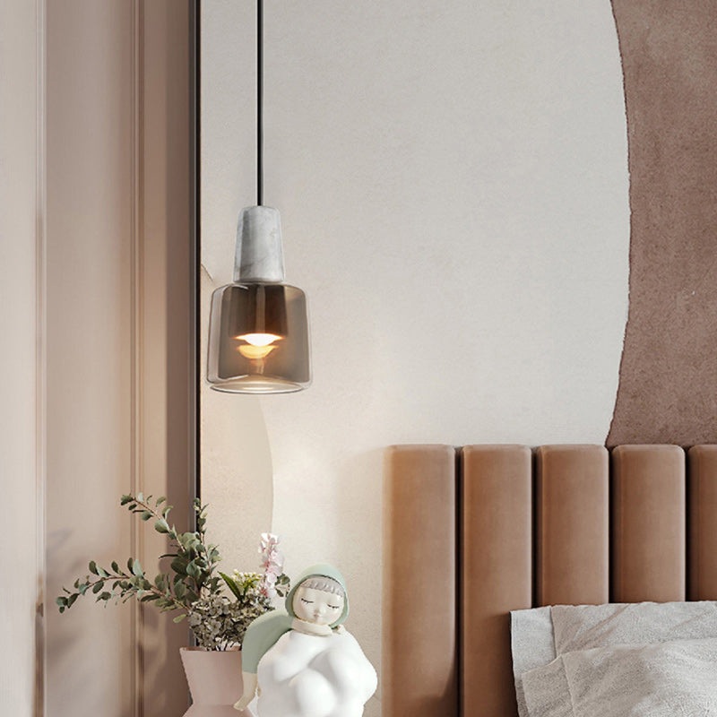 Contemporary Scandinavian Cylinder Marble Glass 1-Light Pendant Light For Bedroom