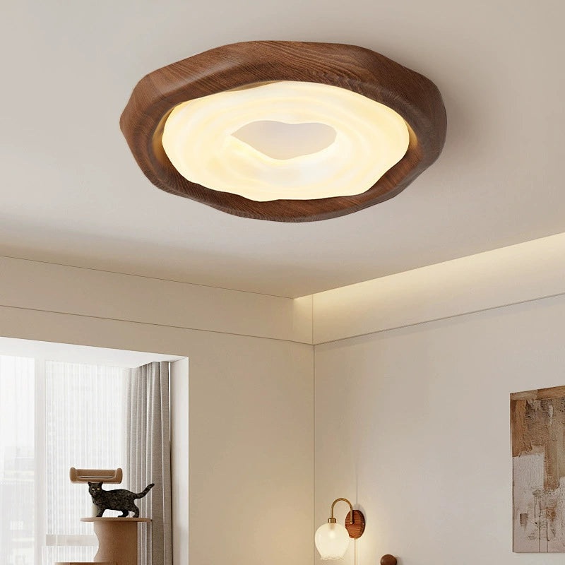 Contemporary Scandinavian Iron PE Round Imitation Cookie Wood Grain LED Flush Mount Ceiling Light For Bedroom