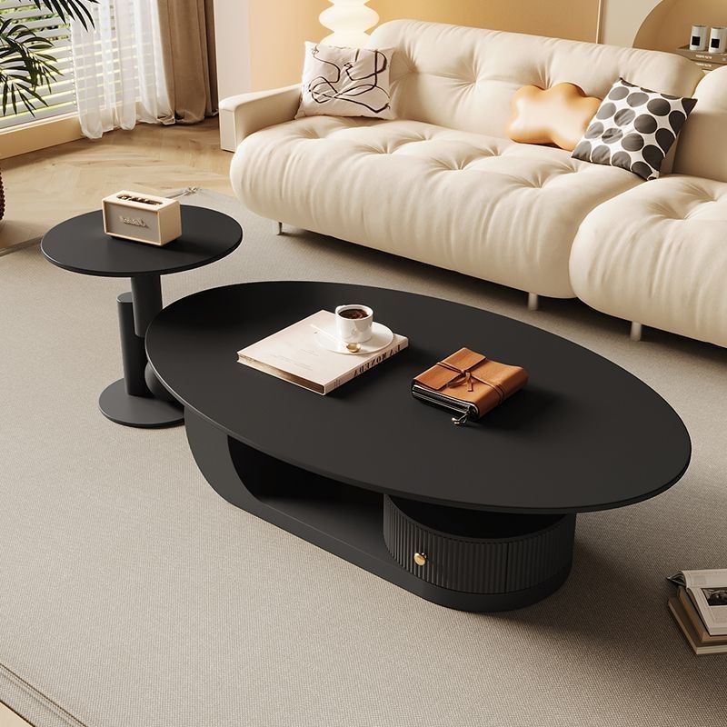 Contemporary Scandinavian Oval Round Curved Rock Slab Iron End Table 1-Tier For Living Room