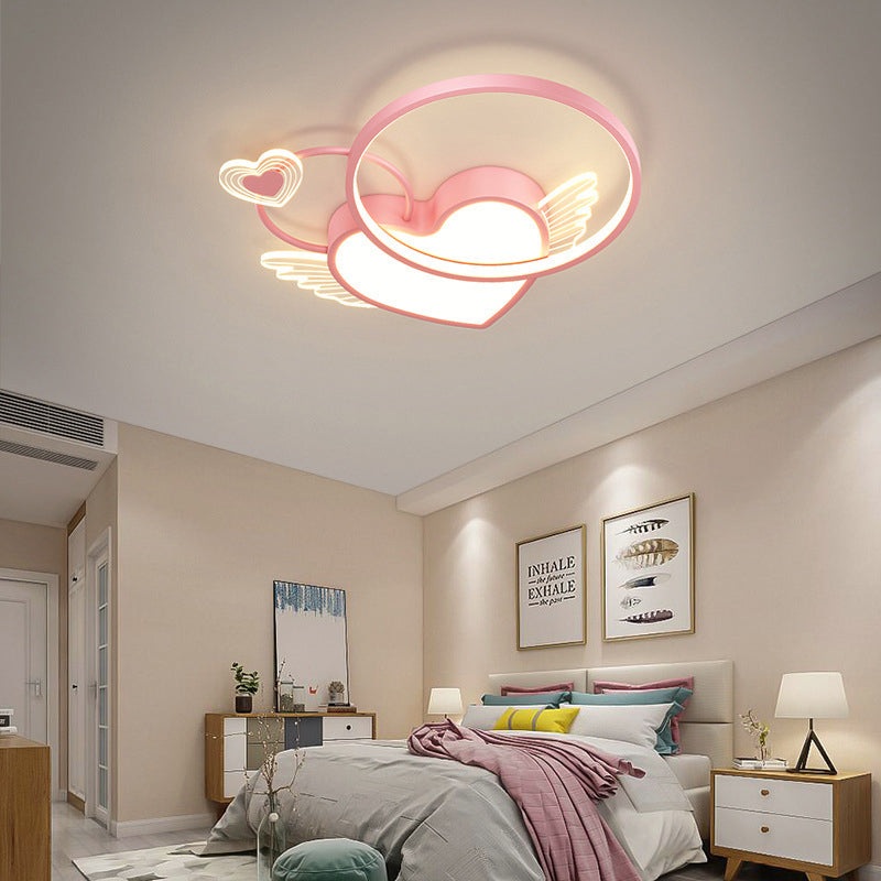 Modern Art Deco Heart Wings Round Acrylic Iron LED Flush Mount Ceiling Light For Bedroom