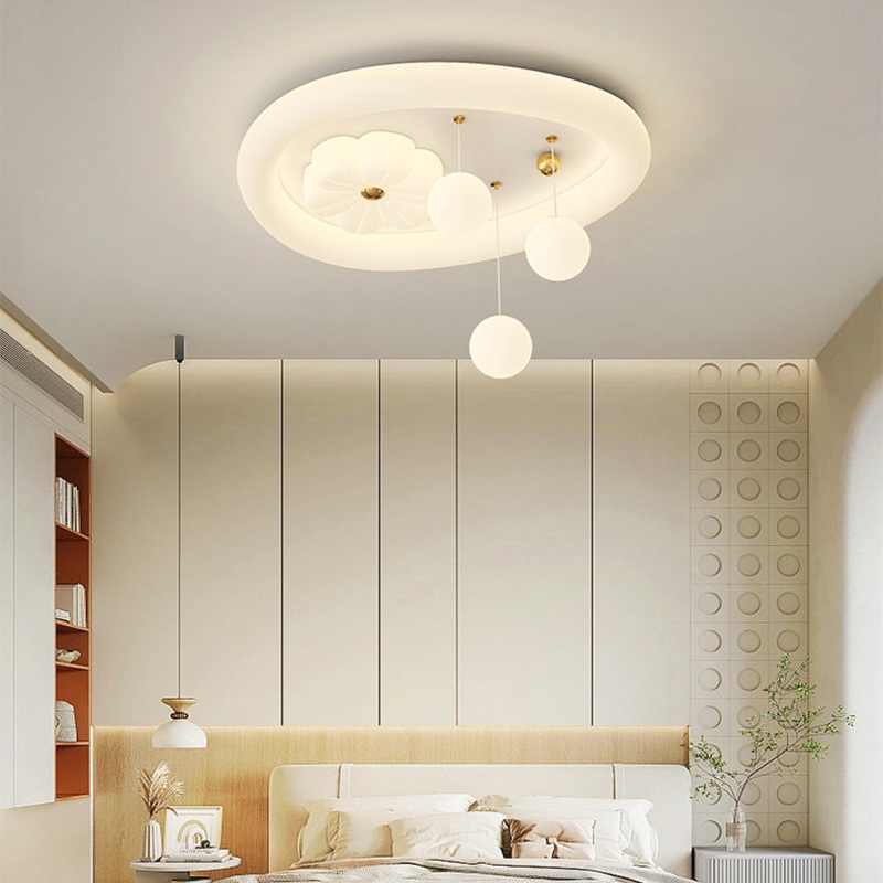 Modern Art Deco Oval Cream Bubble Flower Moon PE Iron LED Flush Mount Ceiling Light For Living Room