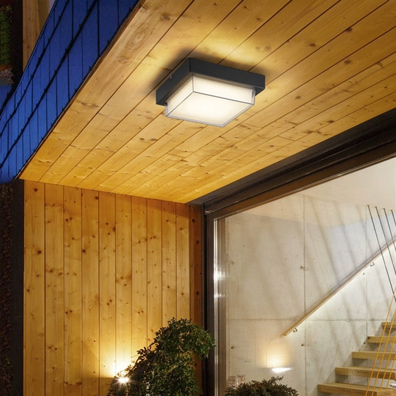 Modern Minimalist Outdoor Waterproof Square Aluminum Frame PC Shade LED Flush Mount Ceiling Light For Outdoor Patio