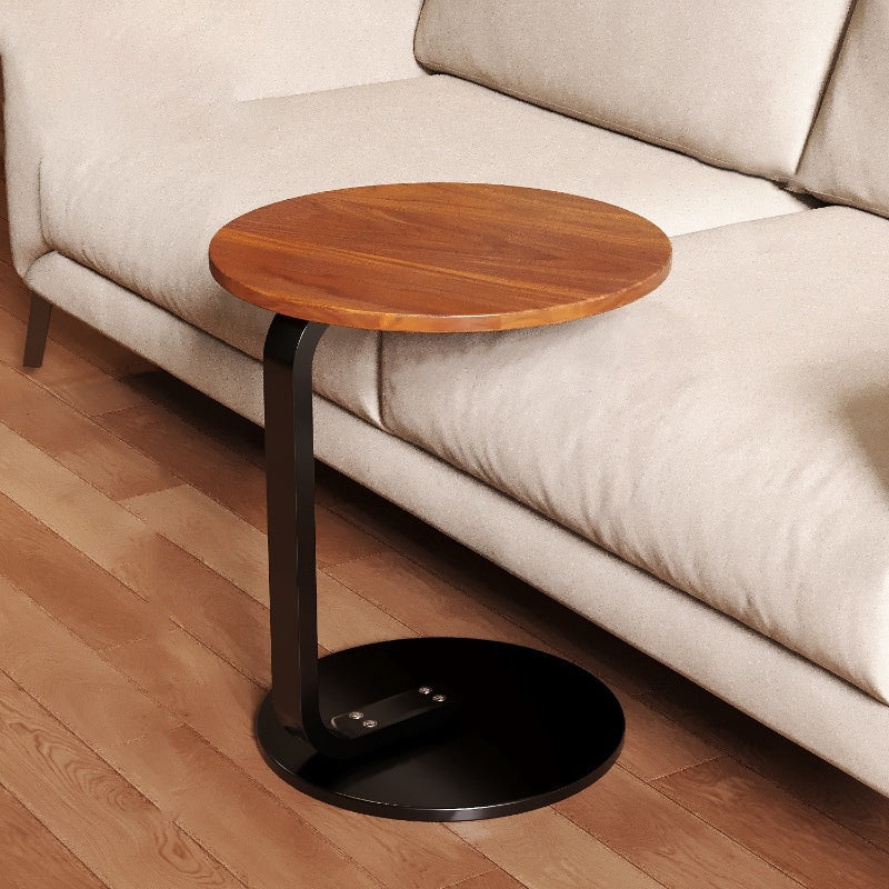 Modern Minimalist Round C-Shape Solid Wood Plank Iron Base End Table For Living Room