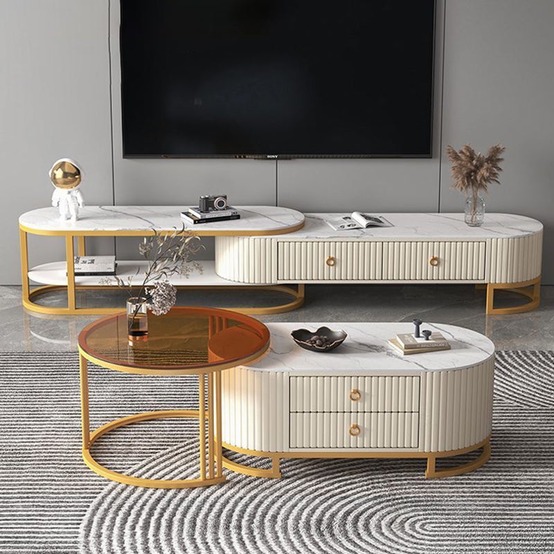 Modern Minimalist Slab Glass Wood Leather Metal Round Oval Coffee Table Set 2-Drawer Extendable For Living Room
