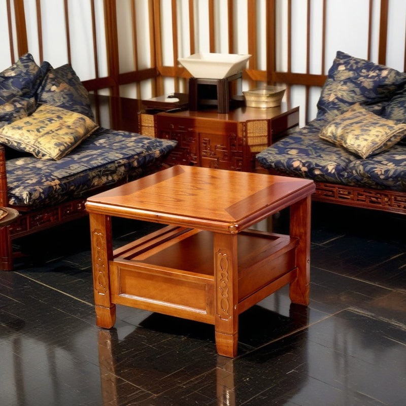 Traditional Chinese Antique Square Rubber Wood Solid Wood Side Table 2-Tier For Living Room