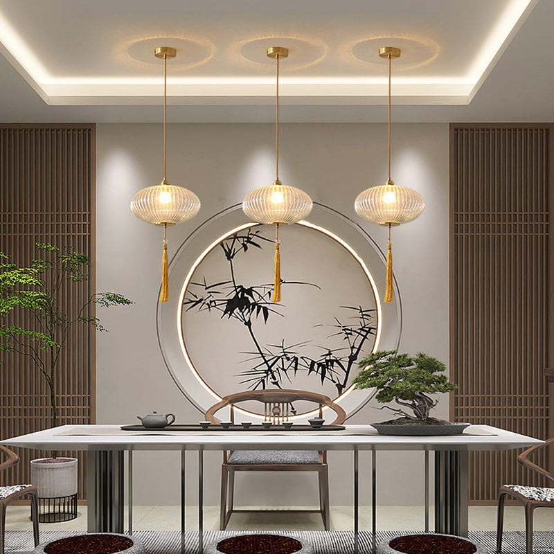 Traditional Chinese Cylinder Oval Copper Glass 1-Light Pendant Light For Bedroom