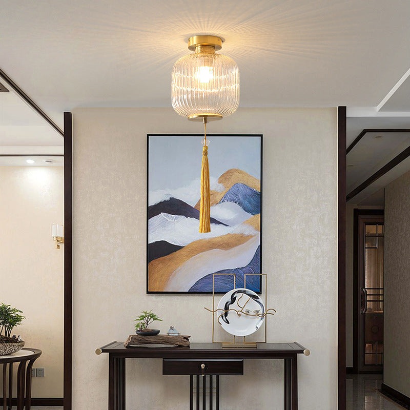 Traditional Chinese Cylinder Oval Copper Glass 1-Light Semi-Flush Mount Ceiling Light For Hallway