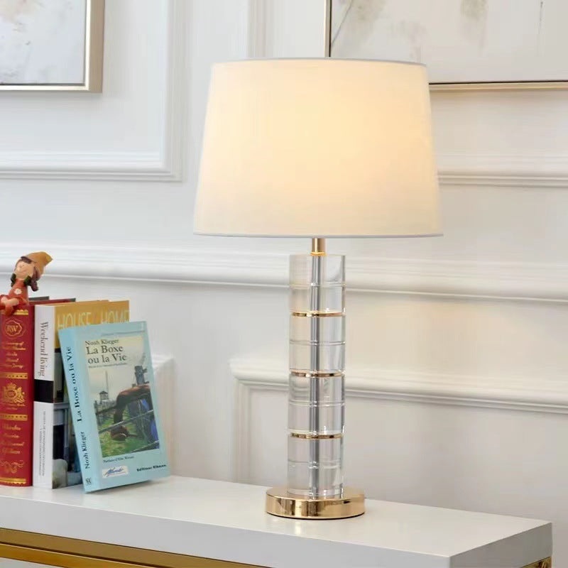 Traditional European Cylinder Crystal Metal Fabric 1-Light Table Lamp For Bedroom