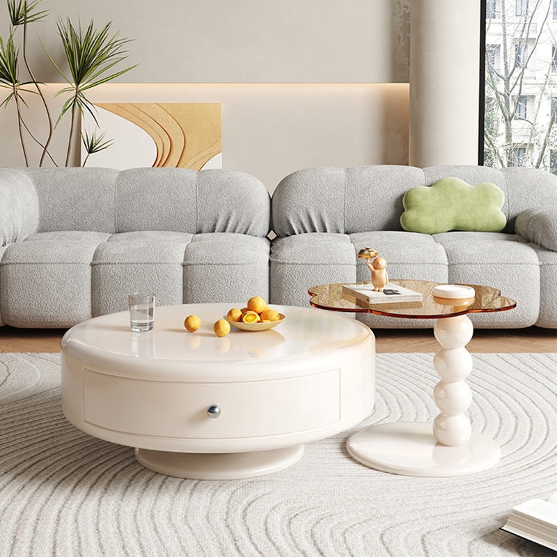 Traditional French Fiberboard Reinforced Glass Wood Metal Round Floral Coffee Table 1-Drawer Rotatable For Living Room